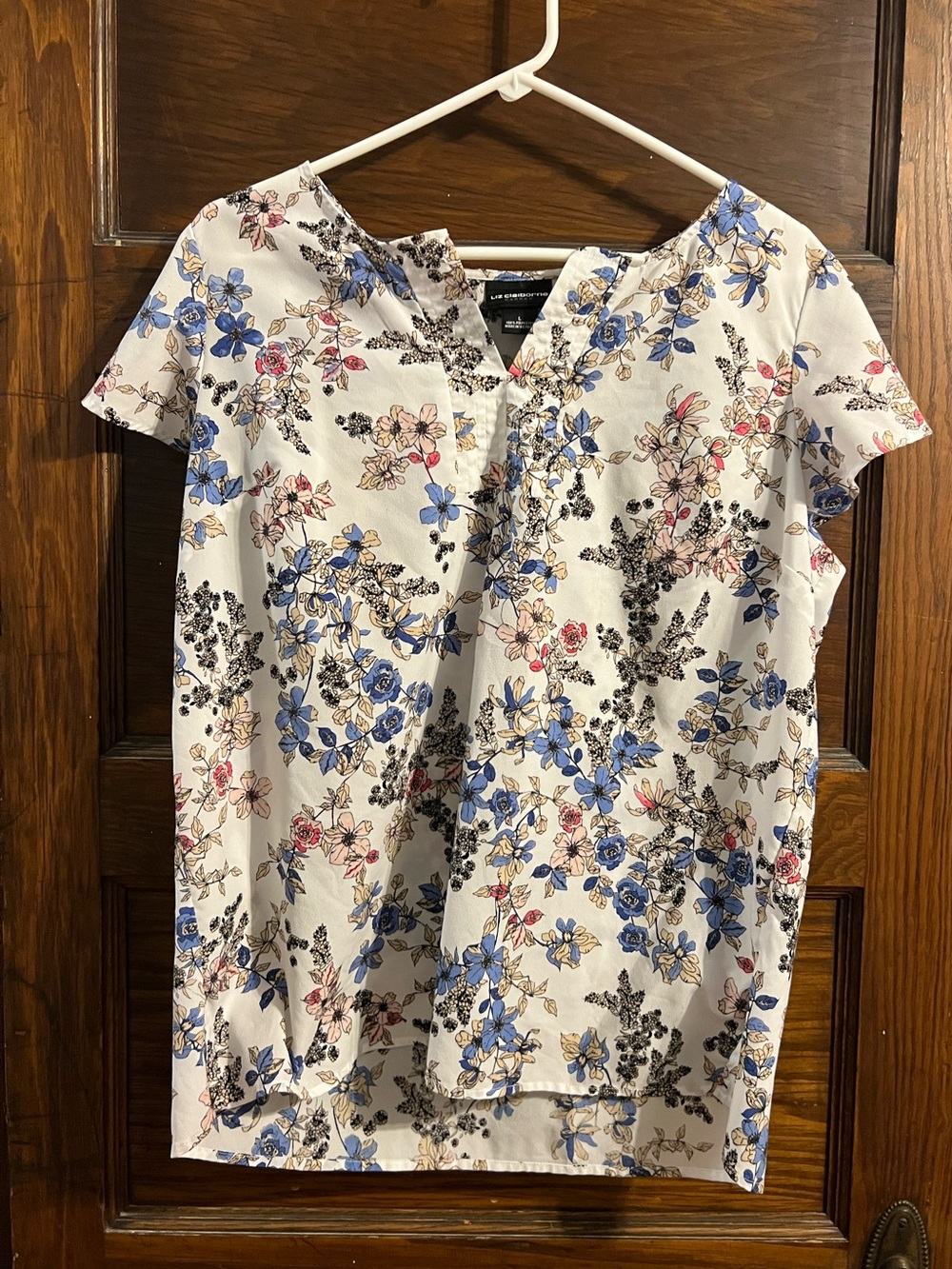 Floral Cap-Sleeve Blouse in White with Blue & Pink Flowers